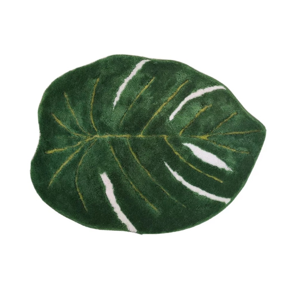 Green Monstera Leaf Fluffy Bathroom/Bedroom Rug